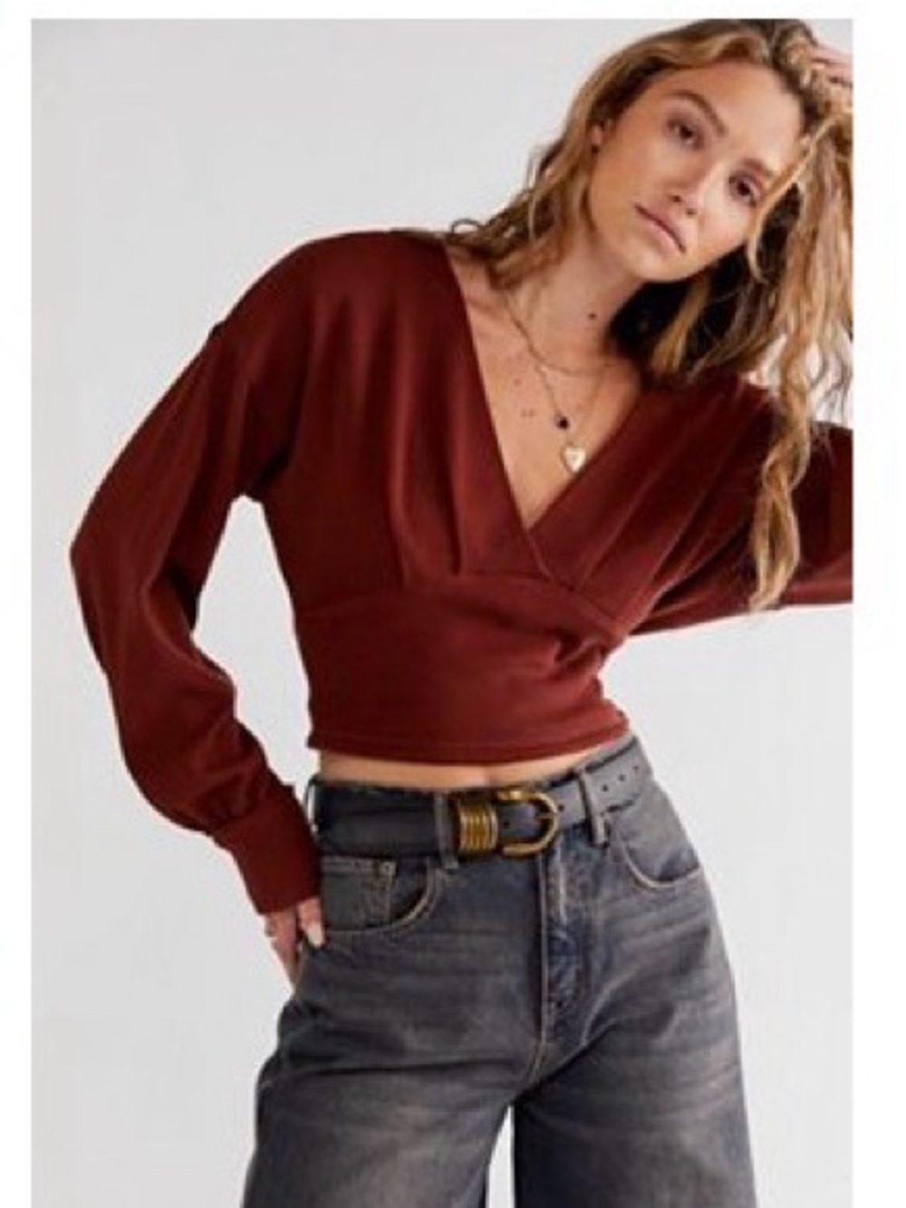 Free People V-Neck Cropped Sweater Top in Deep Burgundy